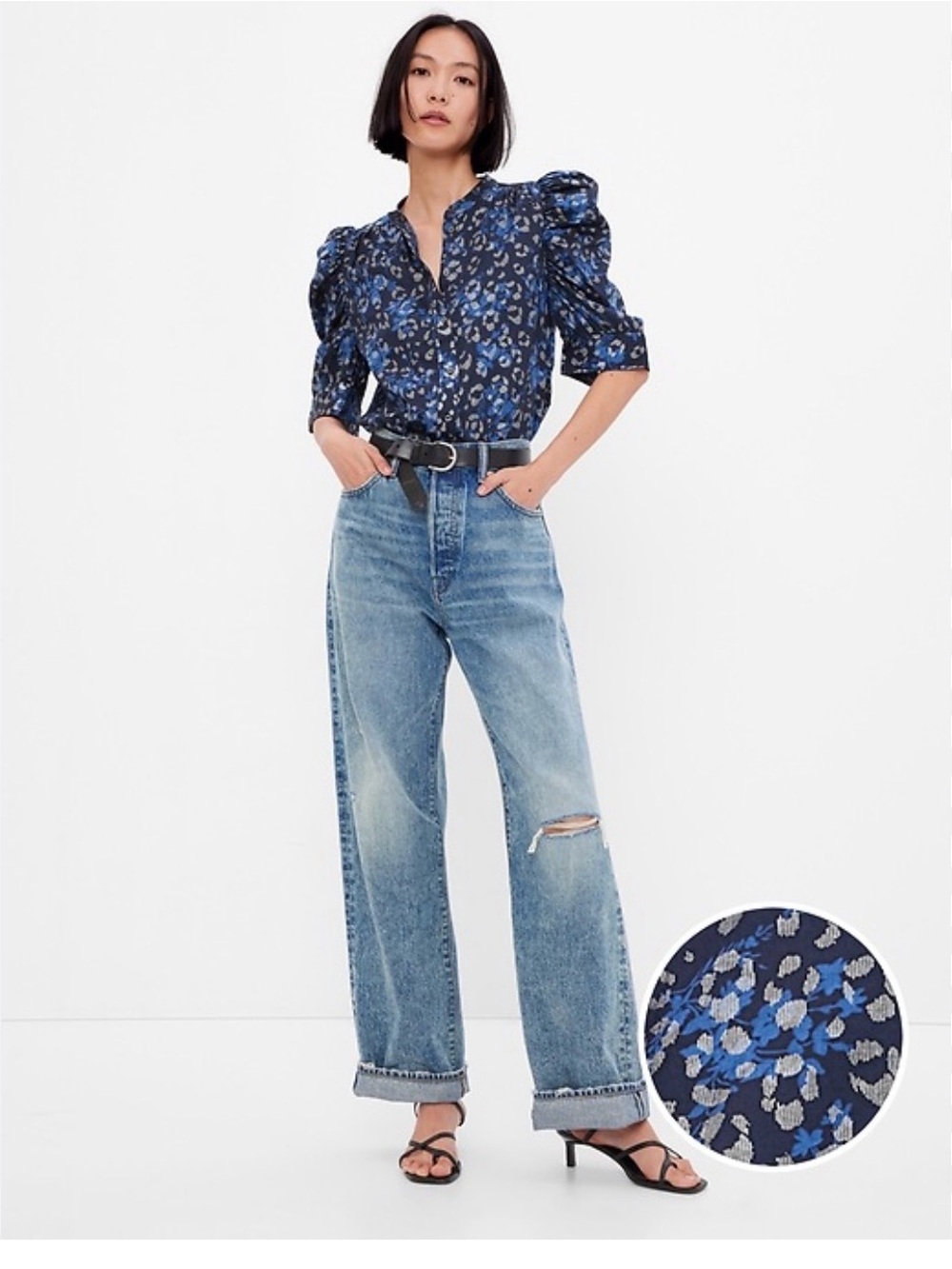 GAP Blue Floral Leopard Puff Sleeve Button-Up Too